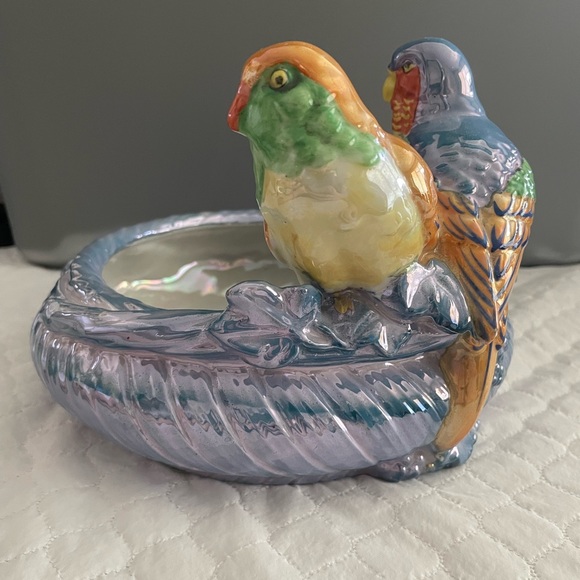 Rare vtg Japan polychrome/Lustreware bungee bird parakeet planter ceramic vase - Picture 3 of 13
